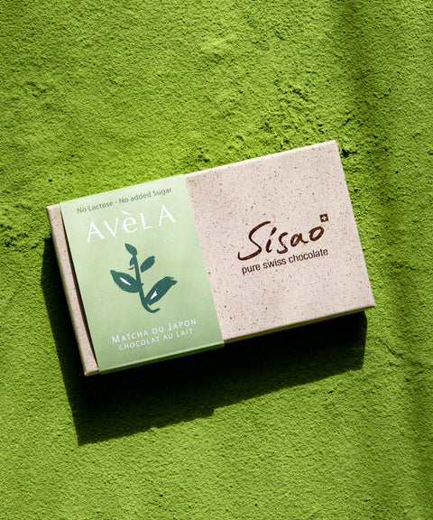Avèla thé vert matcha du Japon, chocolat au lait Sisao