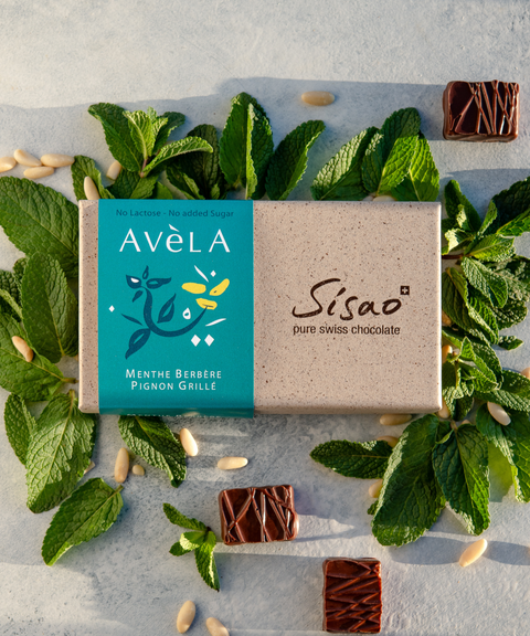 Avèla menthe berbère et pignon grillé, chocolat noir Sisao