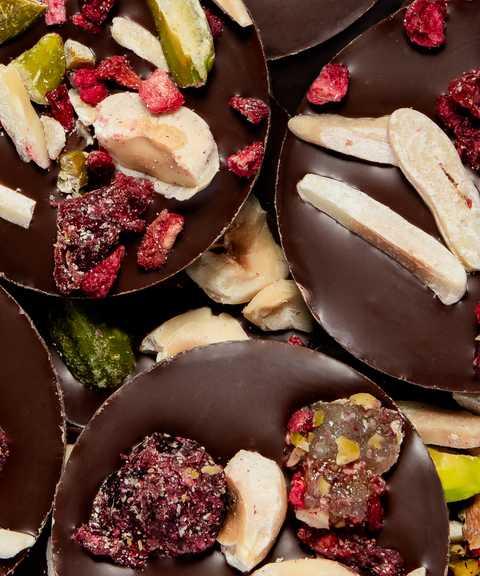 Mendiants chocolat noir Sisao, fruits secs et fruits confits