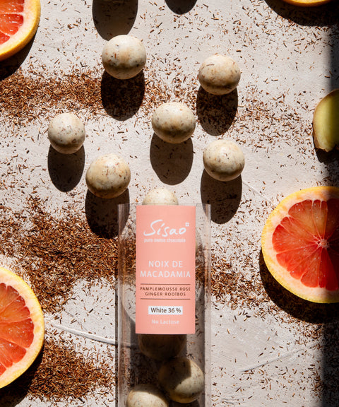Princesse noix de macadamia, pamplemousse rose et rooibos, chocolat blanc Sisao