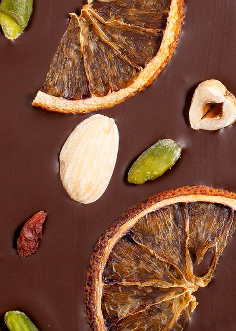 Tablette chocolat noir Sisao façon mendiant, fruits et noix